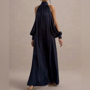 BAILA
Navy Satin High-Neck Cape-Sleeve Maxi Dress